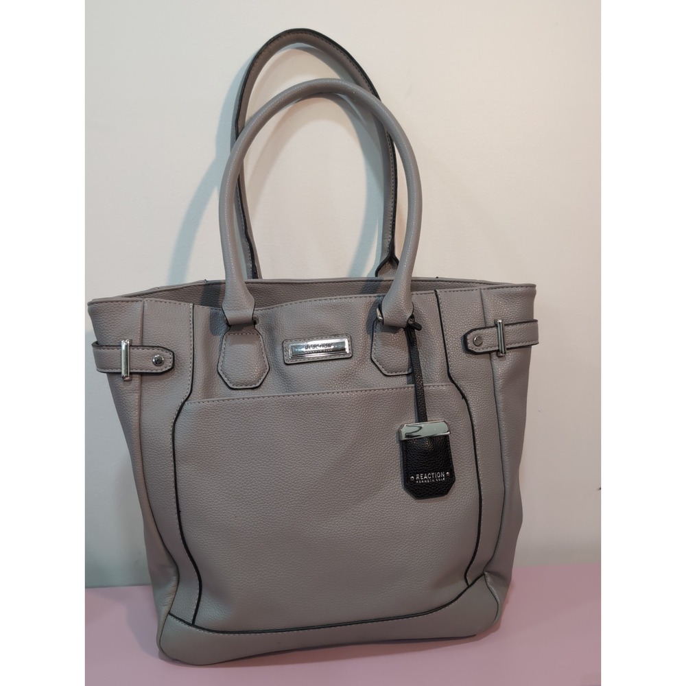 Kenneth Cole Reaction Gray Faux Leather Textured Gray Satchel with Logo Charm